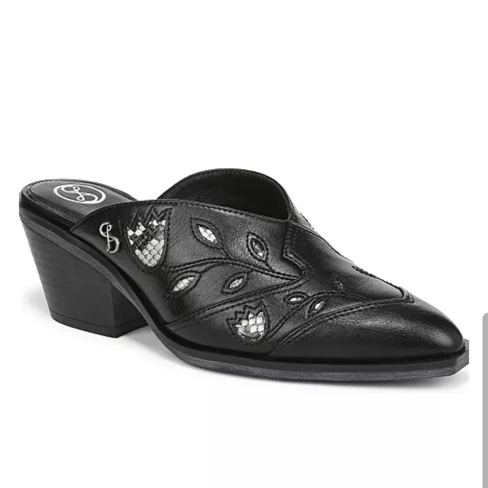 Size 7.5  Sam & Libby Black Embroidered Mules Shoes Booties Slides Women's
